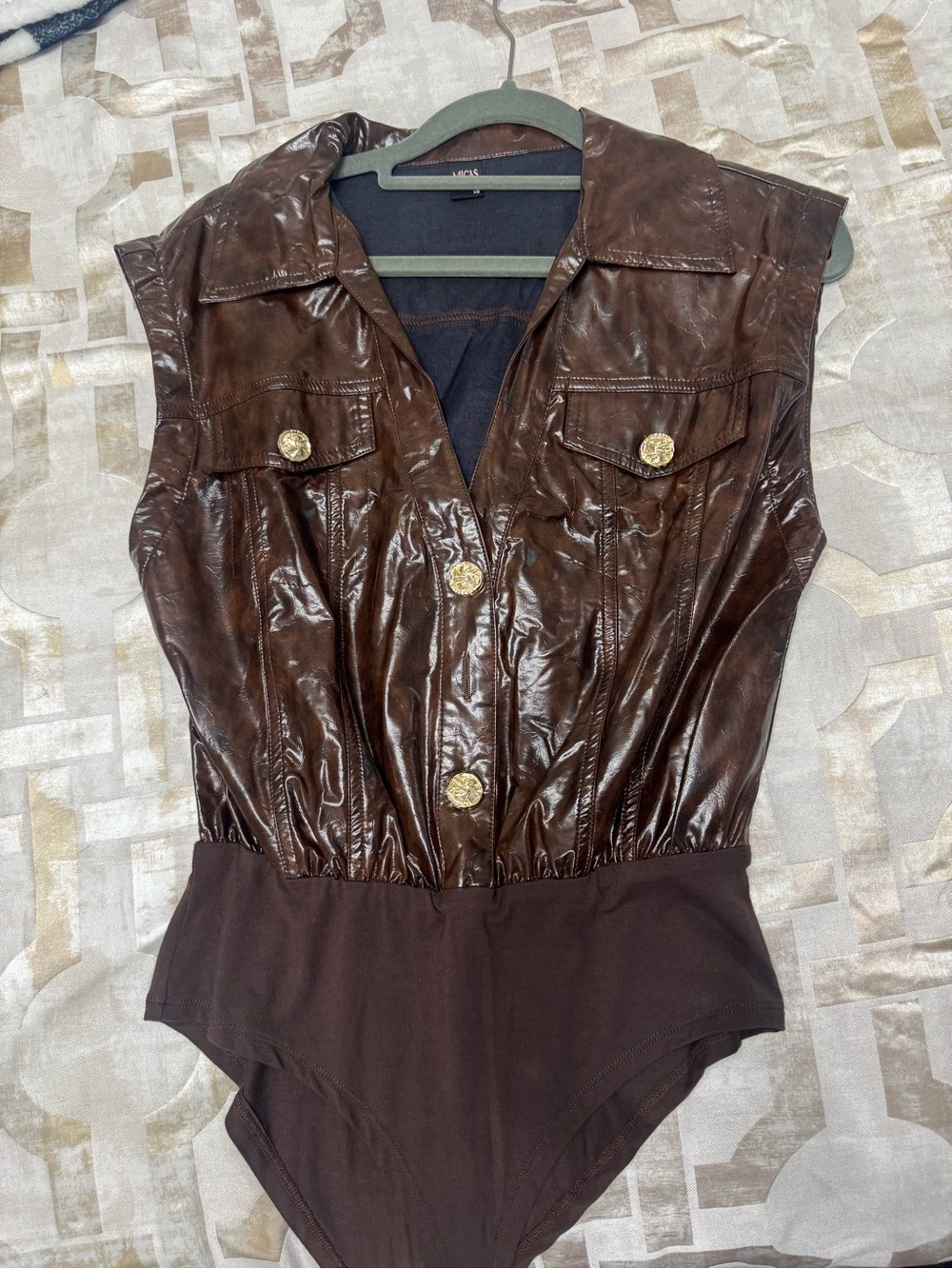 Women's Brown Faux-Leather Sleeveless Bodysuit with Gold Buttons
